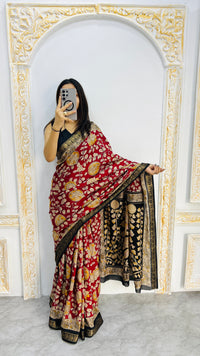 Royal Crimson Mal Mal Silk Saree with Antique Gold Floral Zari Elegance