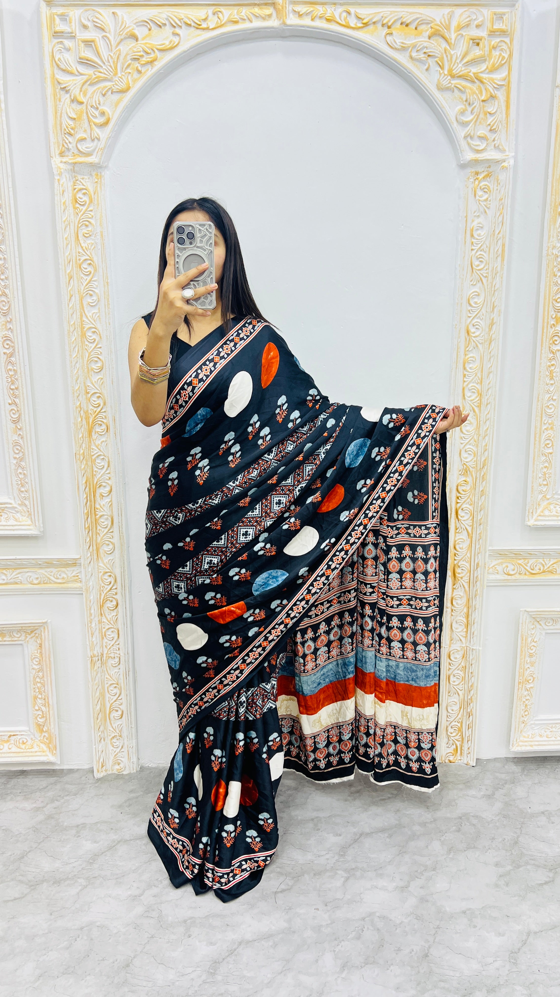 Luxury Midnight Black Linen Saree with Artistic Multicolor Motifs & Heritage Statement Pallu