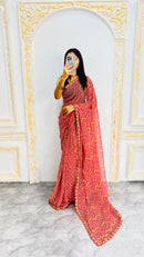 Vibrant Red Zigzag Print Designer Saree with Elegant Lace Border