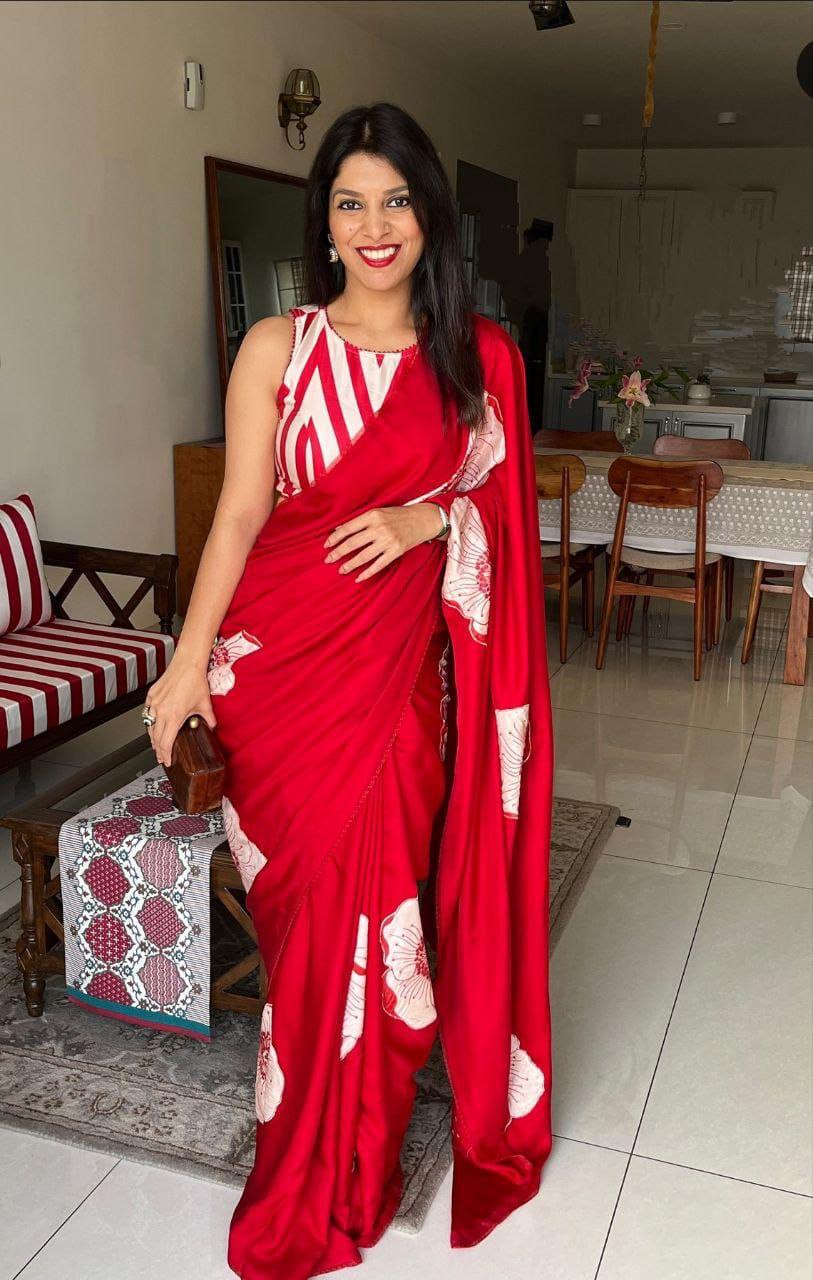 Scarlet Rouge Cotton Silk Saree with Artistic Floral Statement Design