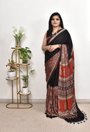 Luxury Black & Rust Ajrakh Printed Saree with Traditional Heritage Motifs & Designer Tassel Pallu