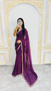 Luxury Wine Purple Bandhani Style Saree with Elegant Lace Border & Classic Micro Motifs