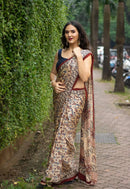 Vintage Ivory Kalamkari Style Silk Saree with Heritage Floral Narrative