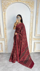 Luxury Wine Red Ajrakh-Inspired Printed Saree with Intricate Heritage Motifs & Rich Pallu