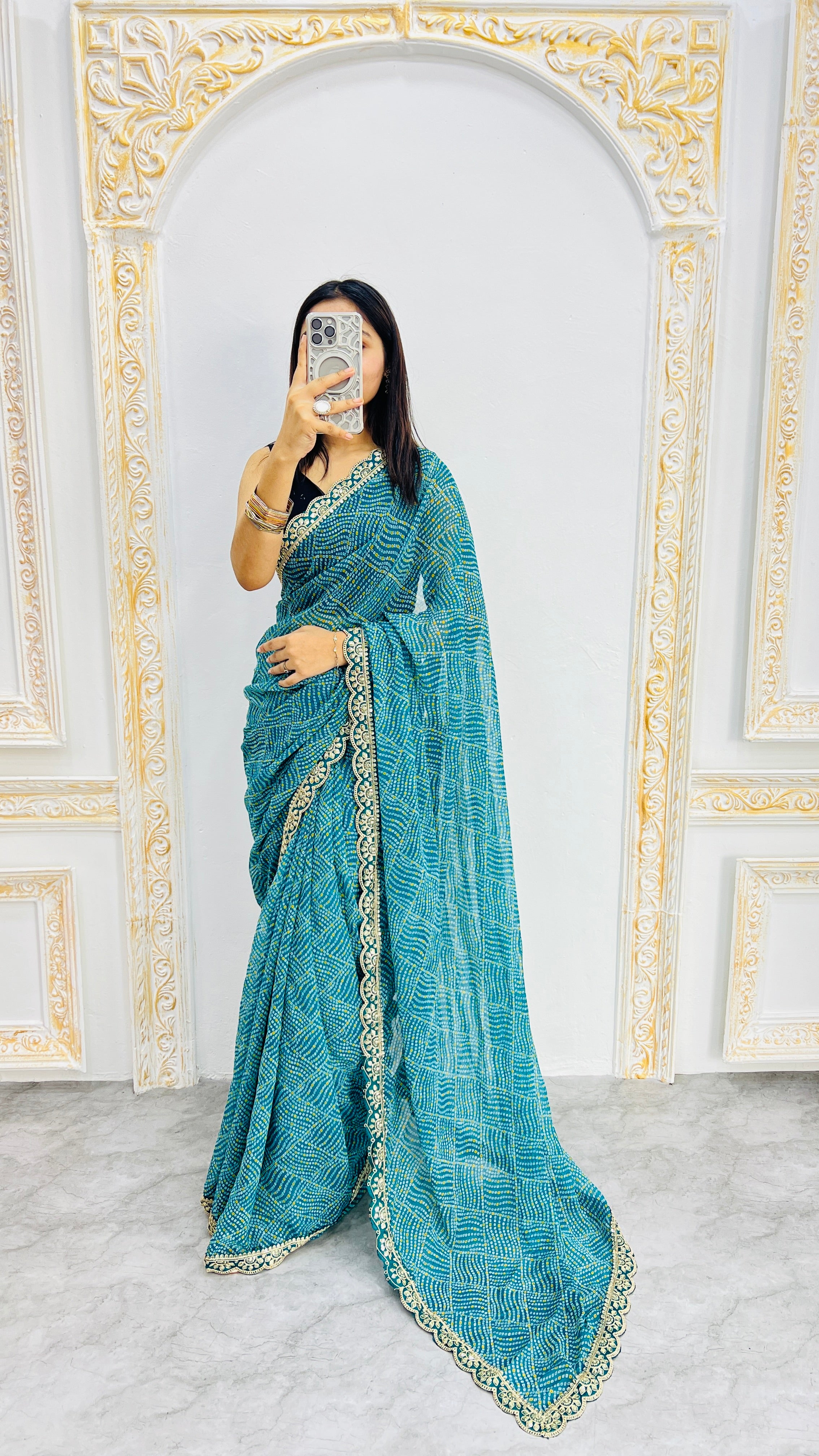 Luxury Teal Green Linen Saree with Intricate Micro Prints & Elegant Scalloped Lace Border