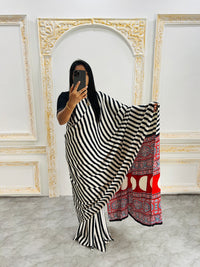 Elegant Black & White Striped Designer Saree with Bold Red Heritage Pallu