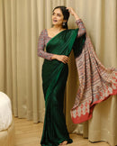 Luxury Emerald Green Satin Saree with Designer Ajrakh-Inspired Pallu & Elegant Blouse