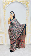 Luxury Black Printed Linen Saree with Intricate Floral Vine Design & Rich Traditional Pallu
