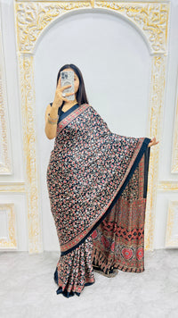Luxury Black Printed Linen Saree with Intricate Floral Vine Design & Rich Traditional Pallu