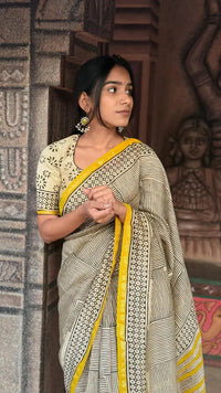 Ivory Grid Cotton Silk Saree with Mustard Accent Heritage Border