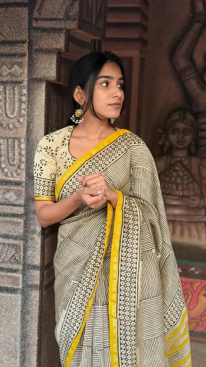 Ivory Grid Cotton Silk Saree with Mustard Accent Heritage Border