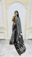 Luxury Black & White Striped Printed Saree with Regal Ethnic Pallu & Designer Border