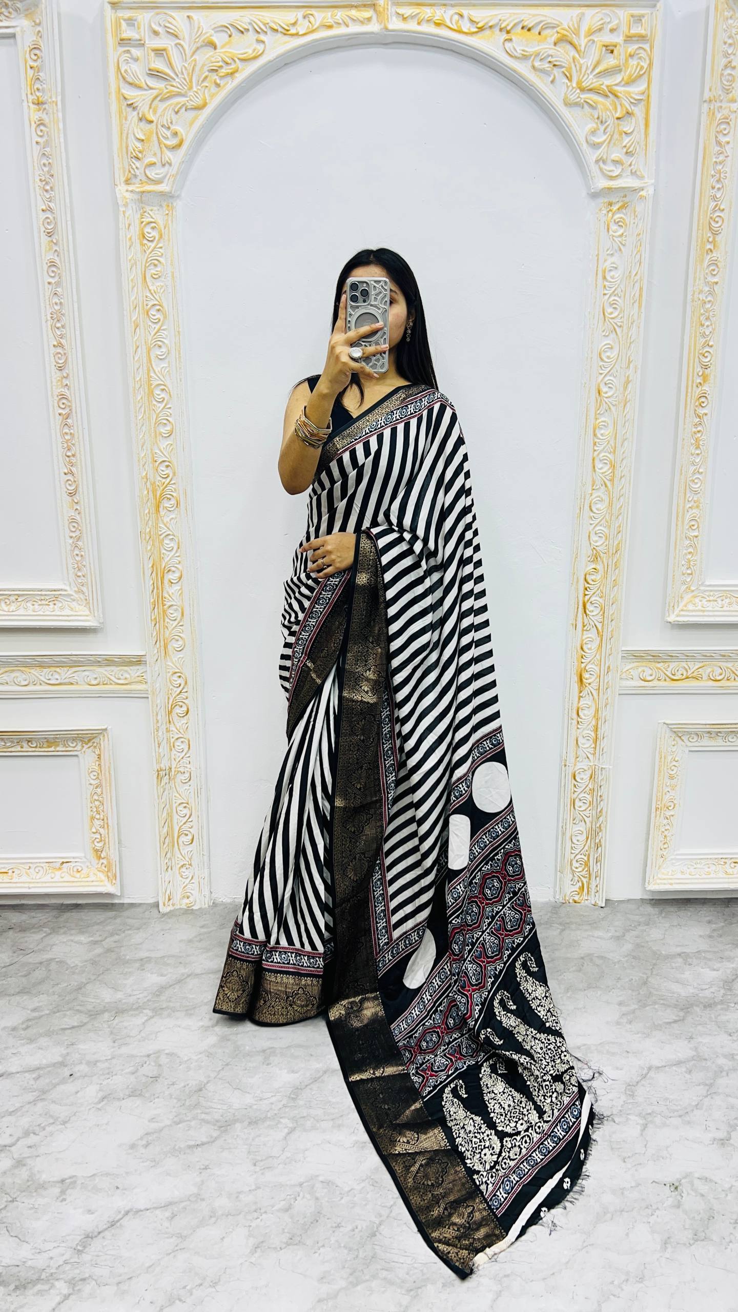 Luxury Black & White Striped Printed Saree with Regal Ethnic Pallu & Designer Border