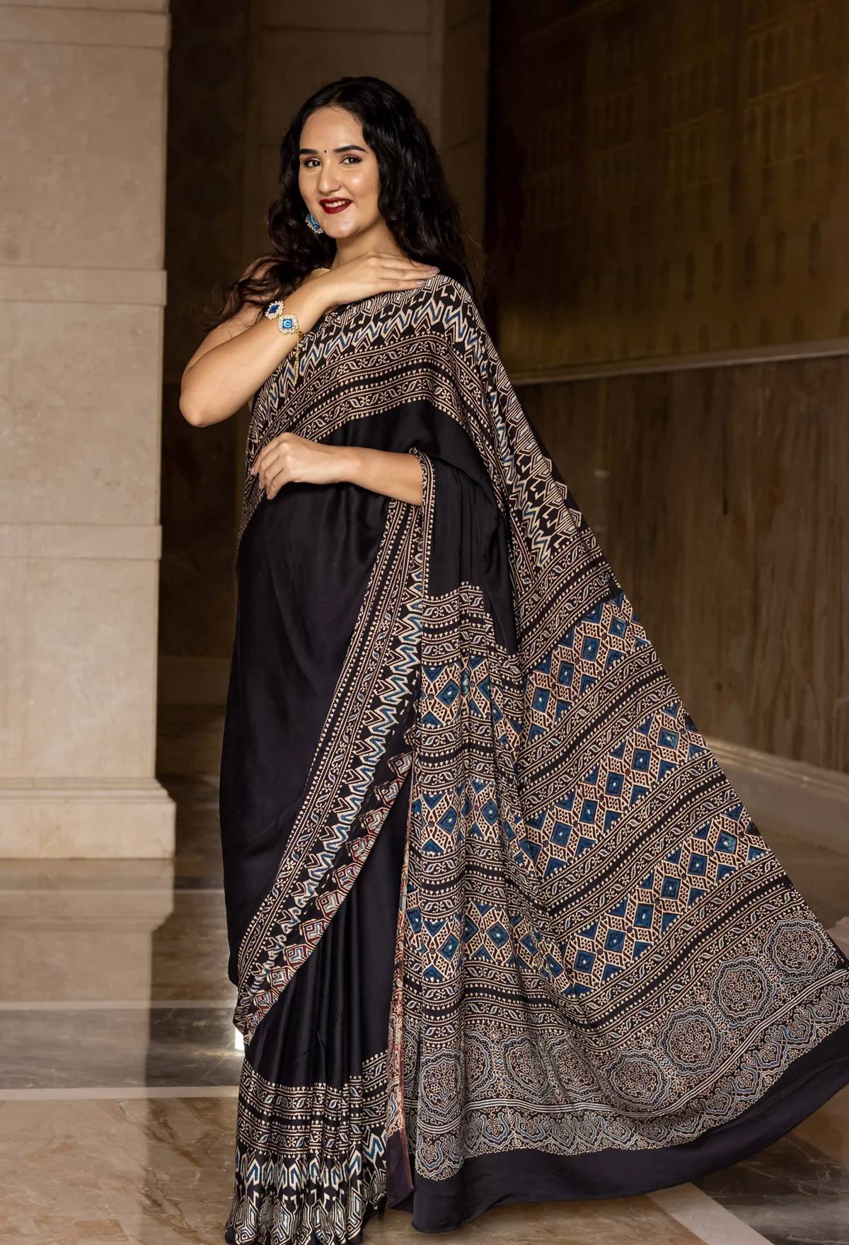 Midnight Heritage Ajrakh Silk Saree with Intricate Tribal Geometric Elegance