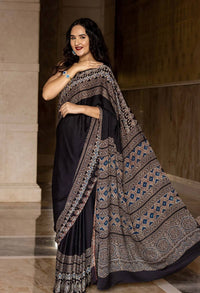 Midnight Heritage Ajrakh Silk Saree with Intricate Tribal Geometric Elegance