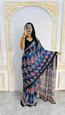 Indigo Royale Mal Mal Silk Saree with Ajrakh Inspired Leaf Motif Elegance