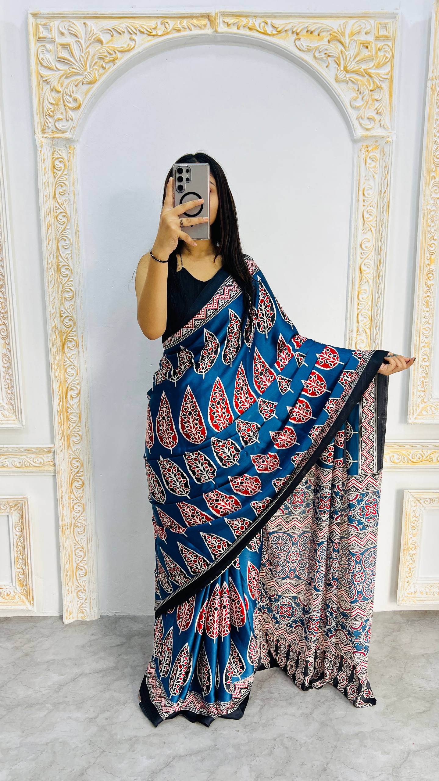 Indigo Royale Mal Mal Silk Saree with Ajrakh Inspired Leaf Motif Elegance