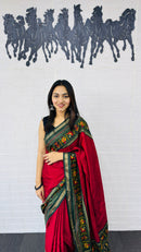 Classic Crimson Red Designer Saree with Deep Green Folk Heritage Border