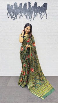 Elegant Bottle Green Patola Silk Saree with Multicolor Traditional Weaving | Premium Festive & Cultural Wear