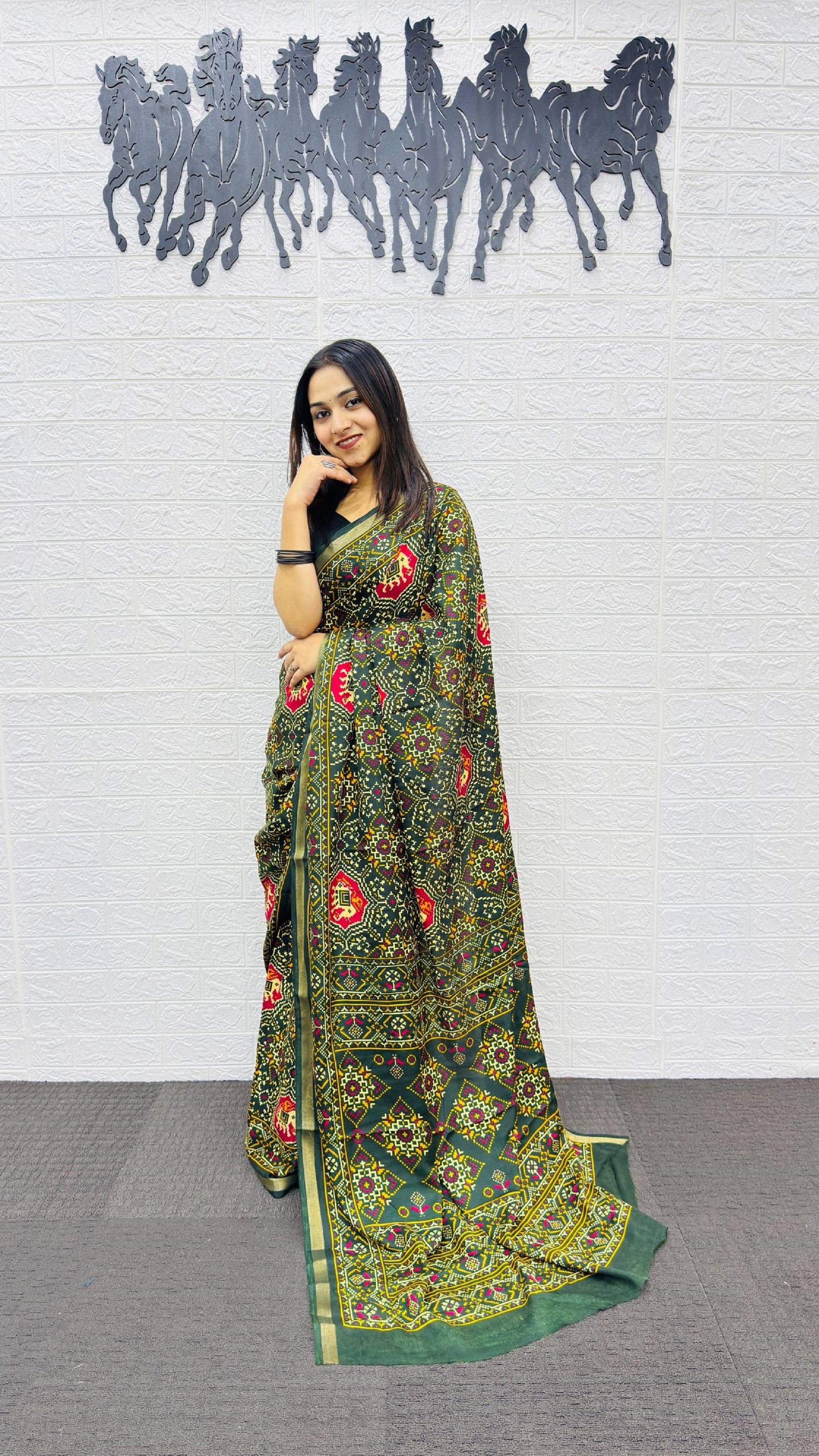 Elegant Bottle Green Patola Silk Saree with Multicolor Traditional Weaving | Premium Festive & Cultural Wear