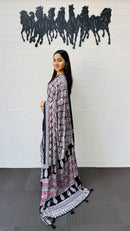 Elegant Charcoal Grey Floral Print Saree with Designer Ethnic Border & Tassels