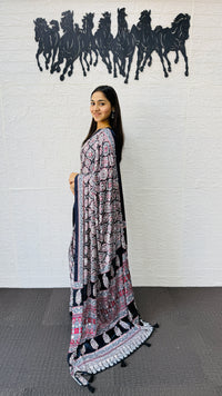 Elegant Charcoal Grey Floral Print Saree with Designer Ethnic Border & Tassels
