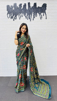 Royal Peacock Blue Patola Silk Saree with Multicolor Traditional Weaving | Premium Festive & Cultural Wear