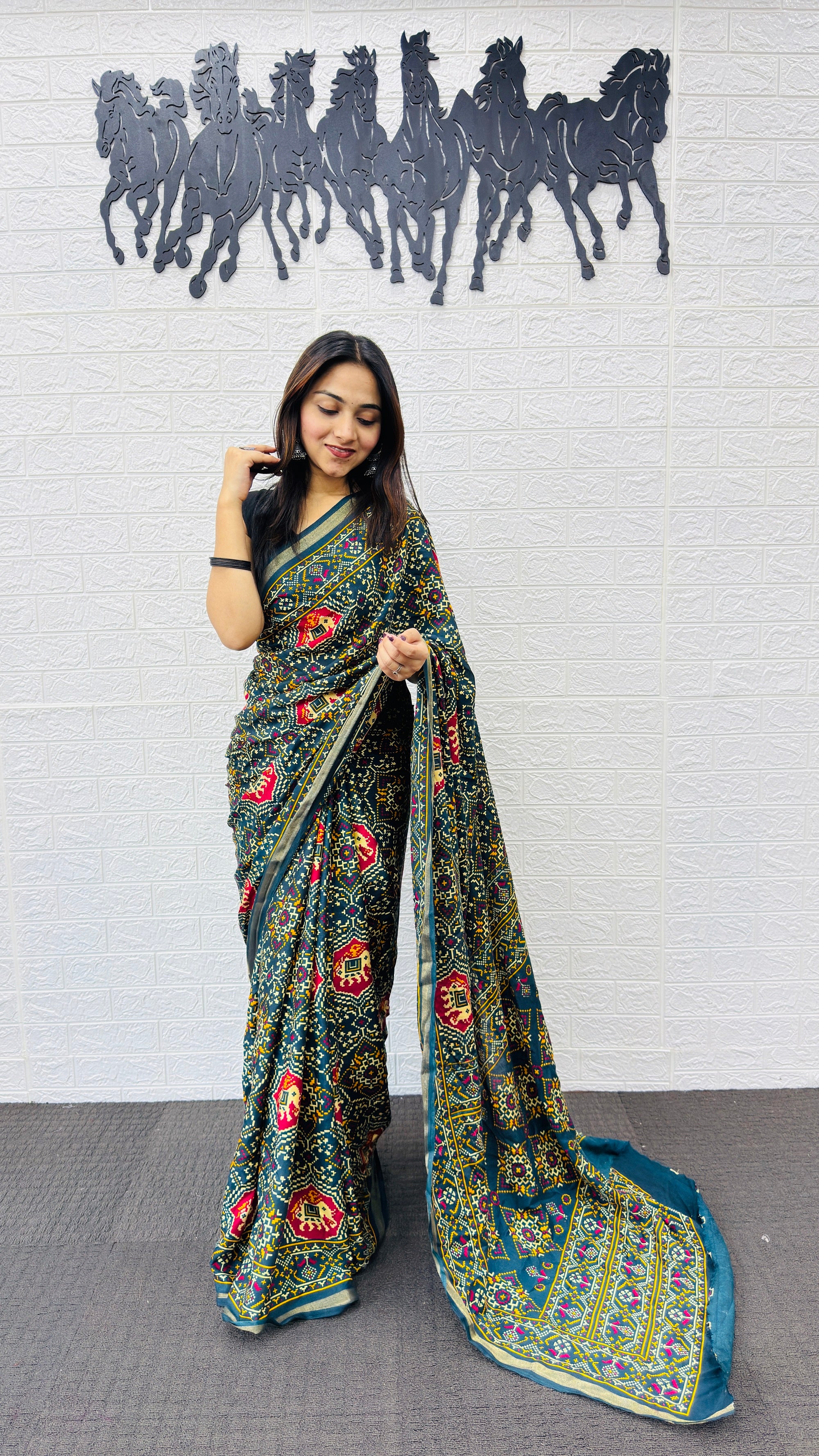 Royal Peacock Blue Patola Silk Saree with Multicolor Traditional Weaving | Premium Festive & Cultural Wear