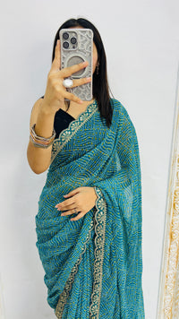 Luxury Teal Green Linen Saree with Intricate Micro Prints & Elegant Scalloped Lace Border