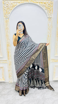 Luxury Black & White Striped Printed Saree with Regal Ethnic Pallu & Designer Border