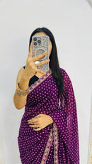 Luxury Wine Purple Bandhani Style Saree with Elegant Lace Border & Classic Micro Motifs