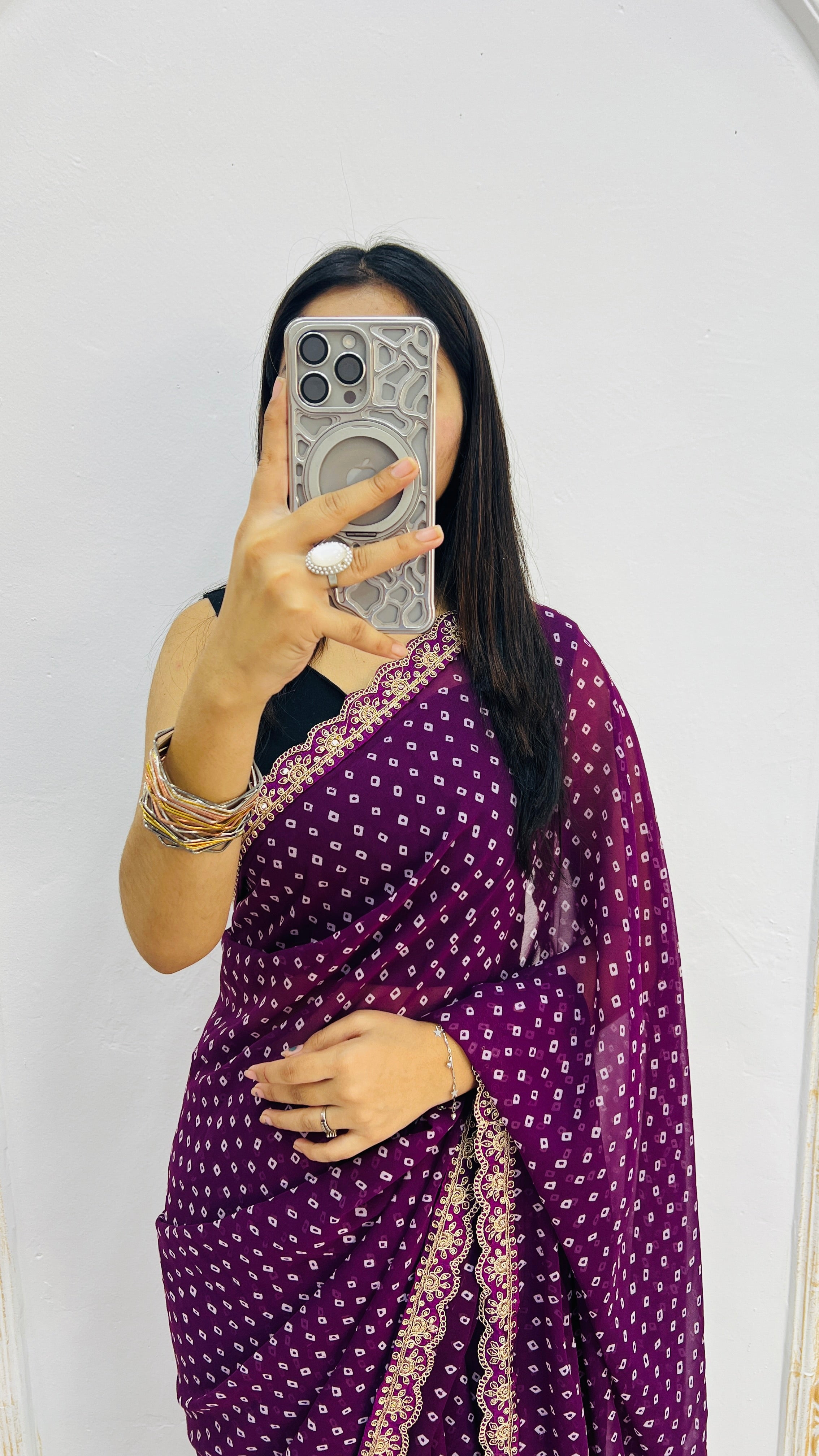 Luxury Wine Purple Bandhani Style Saree with Elegant Lace Border & Classic Micro Motifs