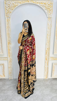 Royal Crimson Mal Mal Silk Saree with Antique Gold Floral Zari Elegance