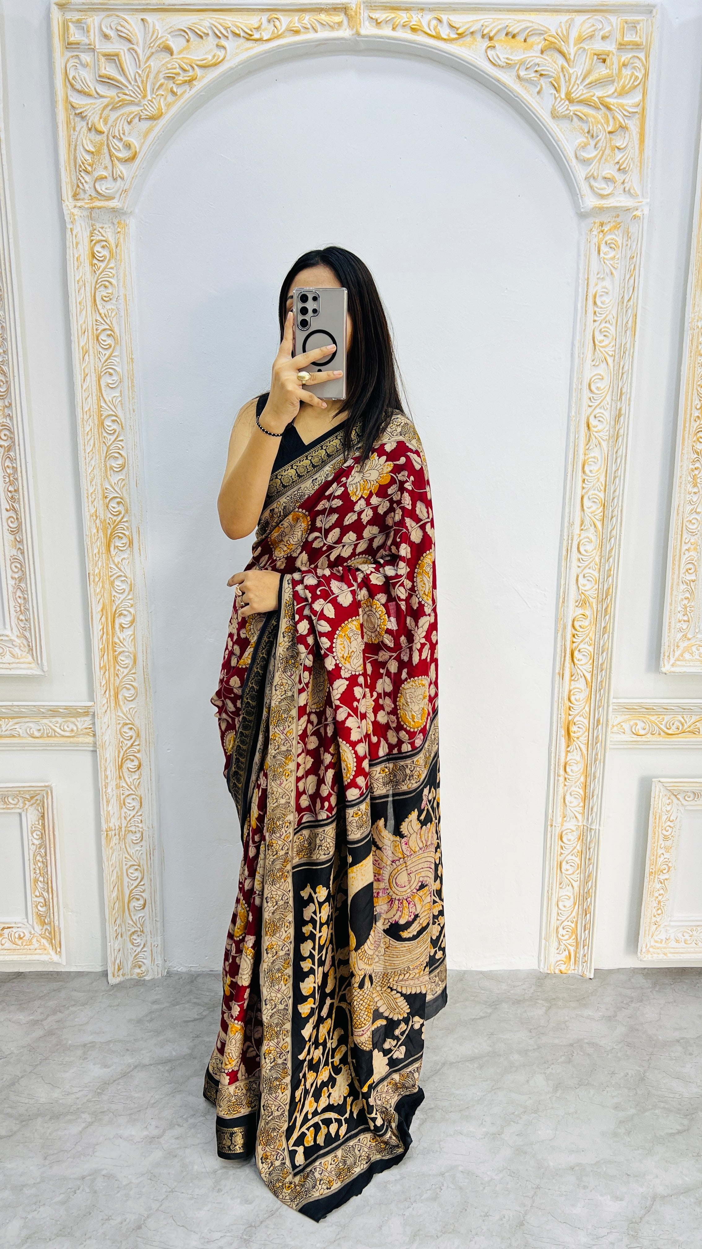 Royal Crimson Mal Mal Silk Saree with Antique Gold Floral Zari Elegance