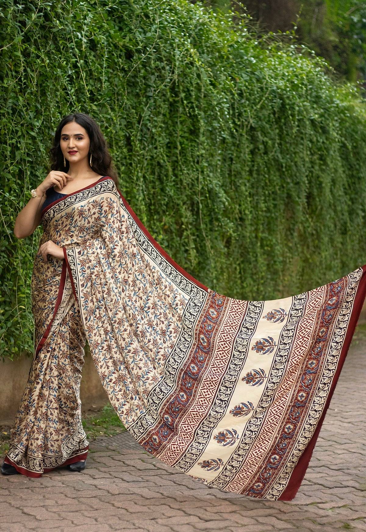 Vintage Ivory Kalamkari Style Silk Saree with Heritage Floral Narrative