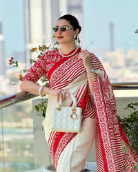 Luxury Off-White & Red Traditional Printed Saree with Heritage Border & Elegant Statement Pallu