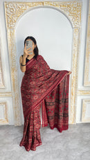 Luxury Wine Red Ajrakh-Inspired Printed Saree with Intricate Heritage Motifs & Rich Pallu
