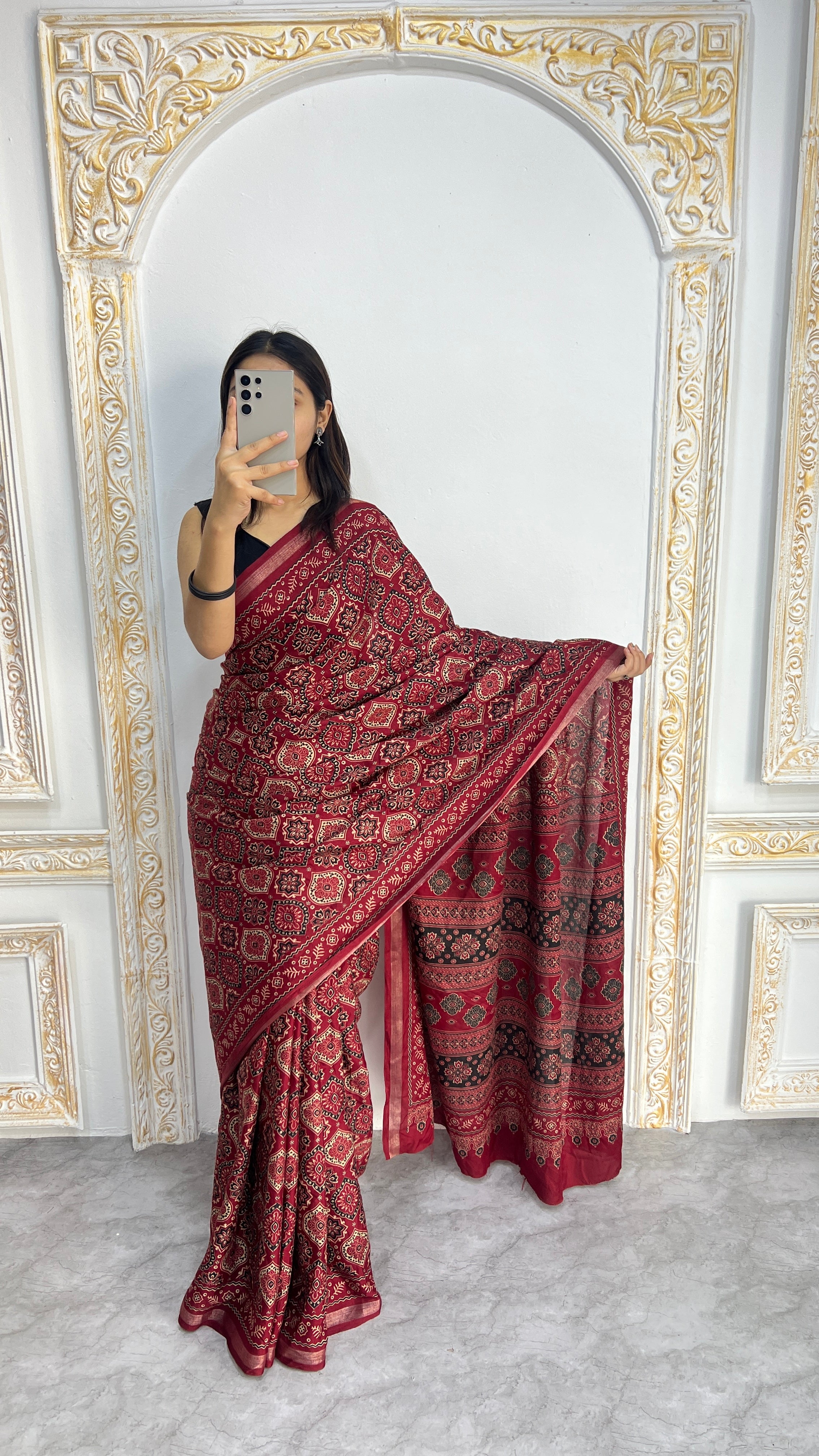 Luxury Wine Red Ajrakh-Inspired Printed Saree with Intricate Heritage Motifs & Rich Pallu