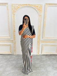 Elegant Black & White Striped Designer Saree with Bold Red Heritage Pallu