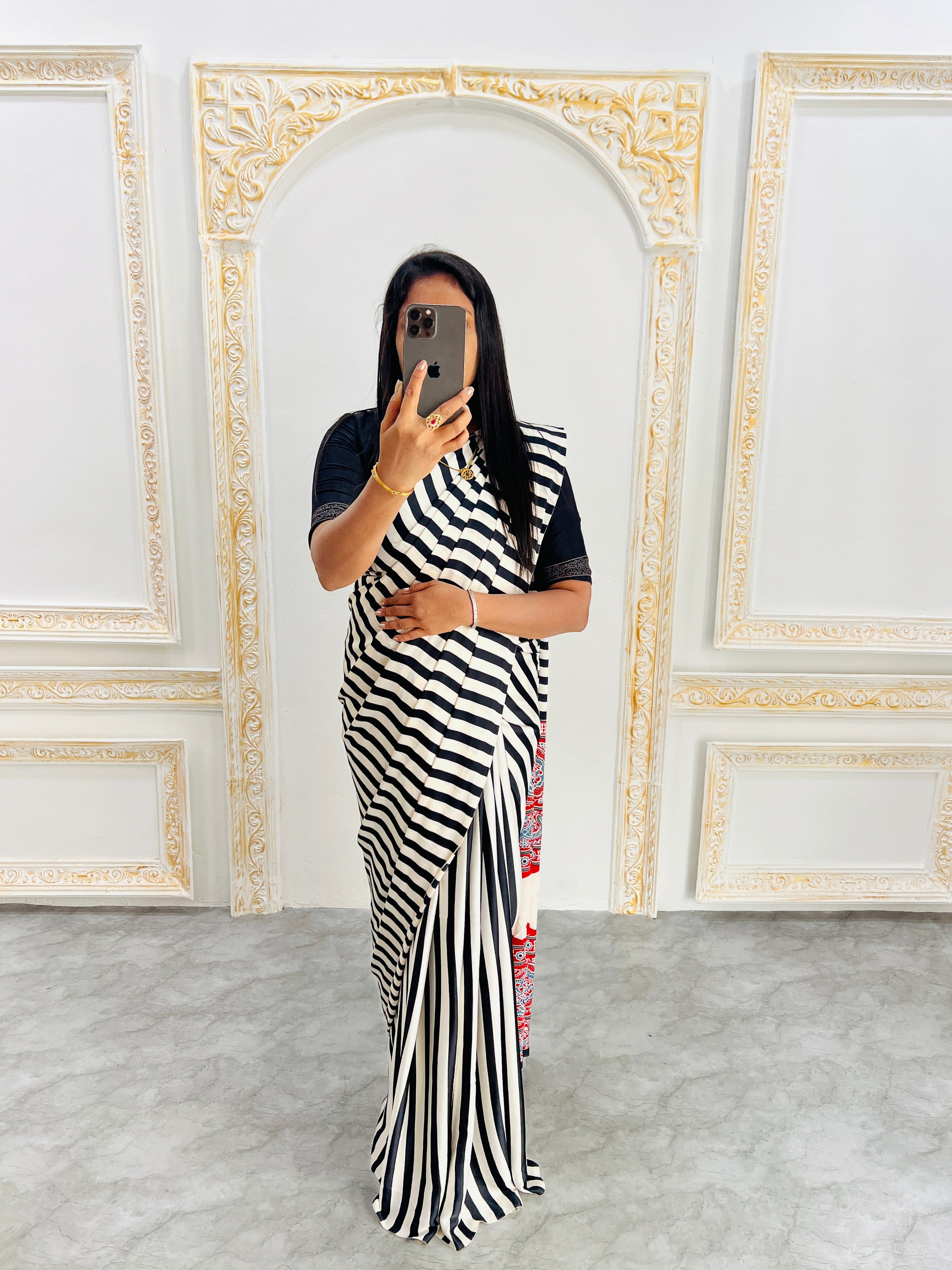 Elegant Black & White Striped Designer Saree with Bold Red Heritage Pallu