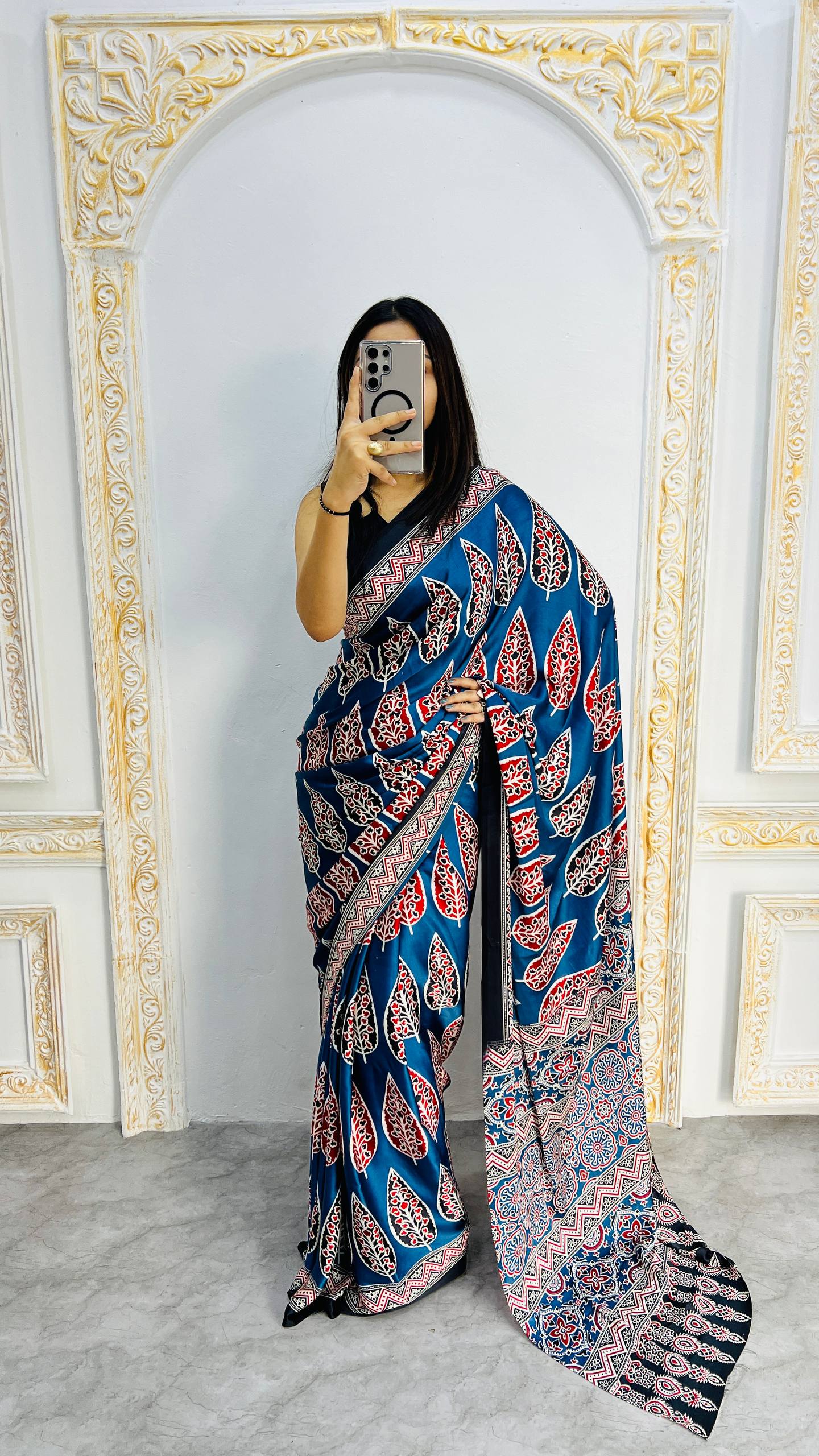 Indigo Royale Mal Mal Silk Saree with Ajrakh Inspired Leaf Motif Elegance