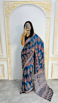 Indigo Royale Mal Mal Silk Saree with Ajrakh Inspired Leaf Motif Elegance