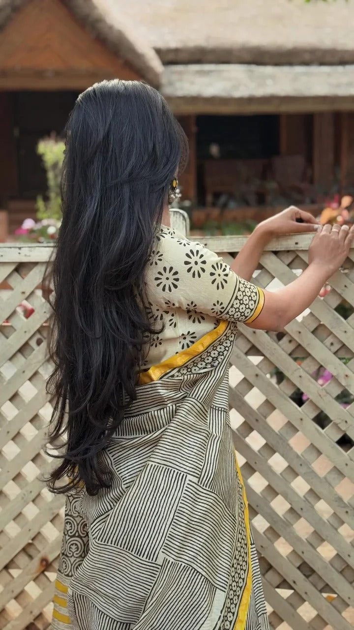 Ivory Grid Cotton Silk Saree with Mustard Accent Heritage Border