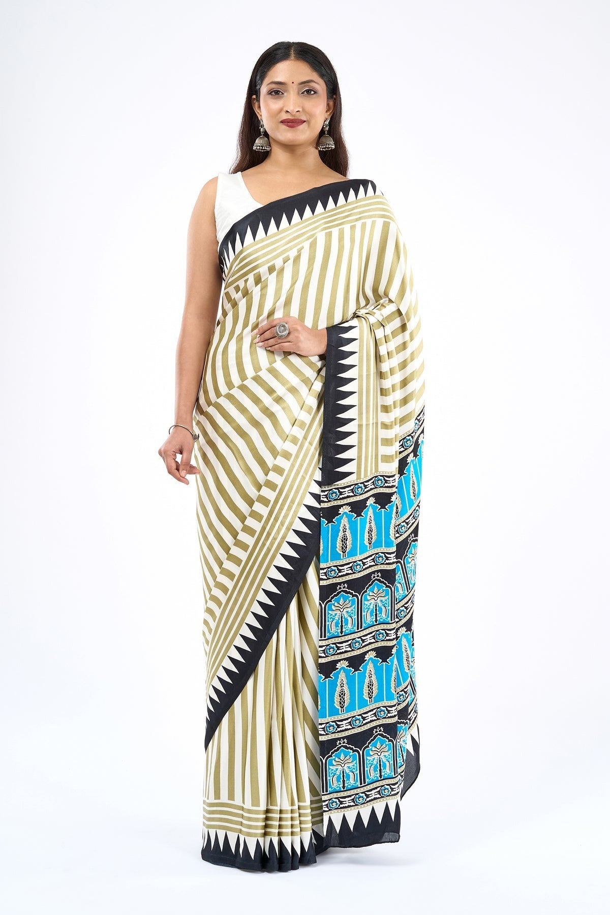 Elegant Olive Stripe Designer Saree with Turquoise Heritage Temple Border