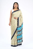 Elegant Olive Stripe Designer Saree with Turquoise Heritage Temple Border