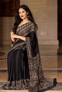 Midnight Heritage Ajrakh Silk Saree with Intricate Tribal Geometric Elegance
