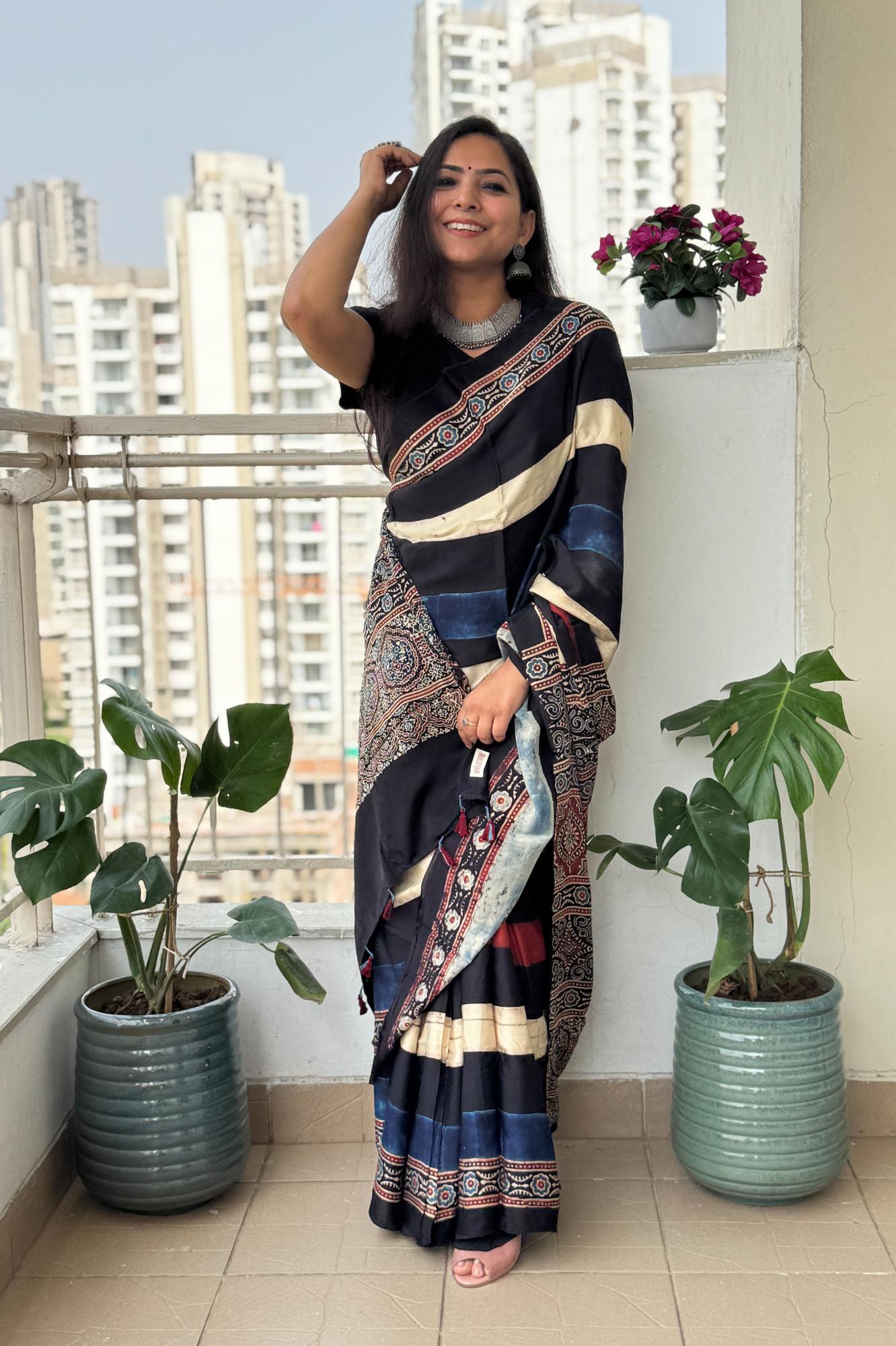 Midnight Ivory Ajrakh Silk Saree with Heritage Panel Pallu Design