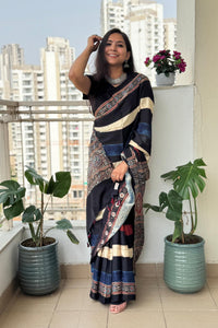 Midnight Ivory Ajrakh Silk Saree with Heritage Panel Pallu Design