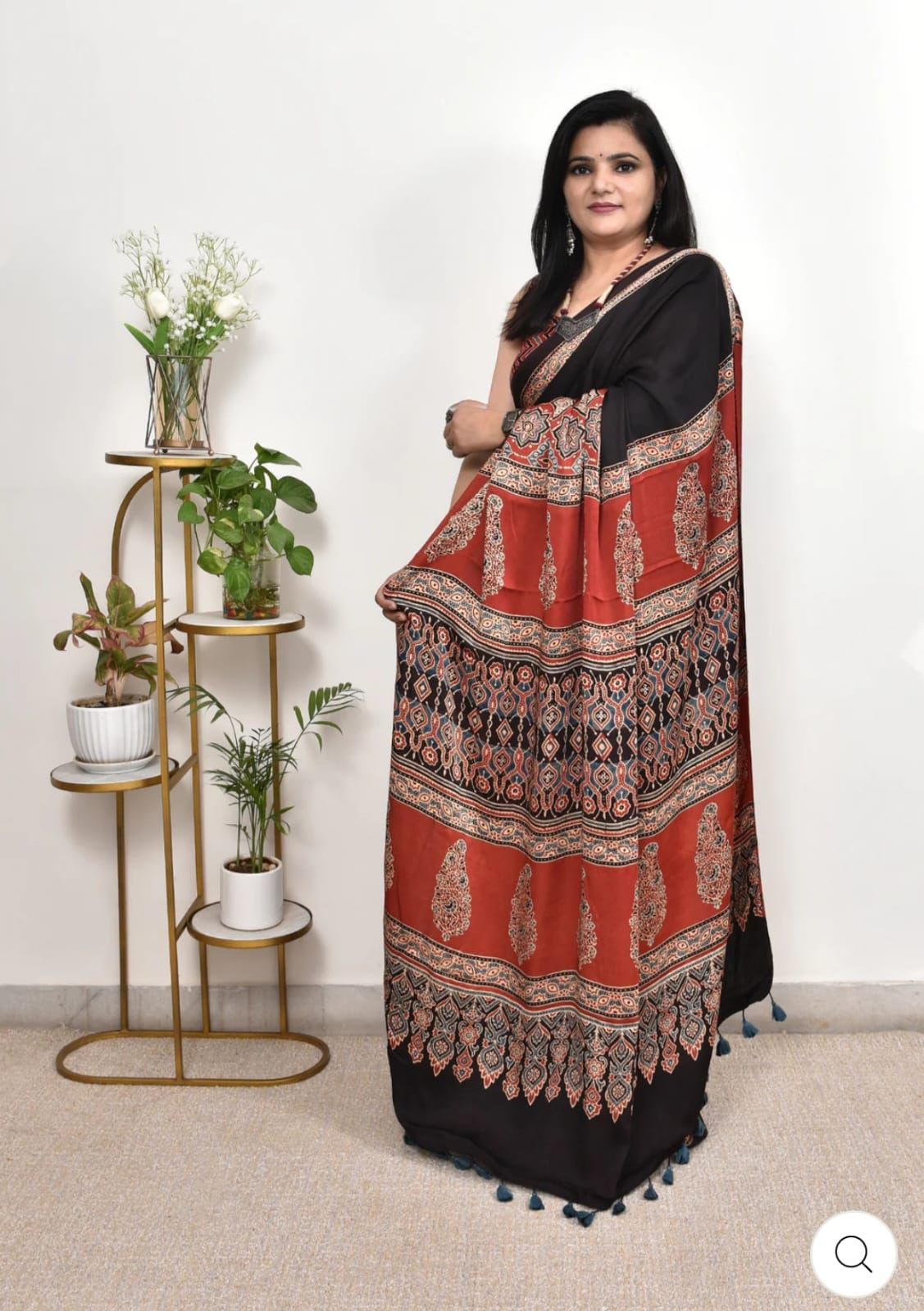 Luxury Black & Rust Ajrakh Printed Saree with Traditional Heritage Motifs & Designer Tassel Pallu