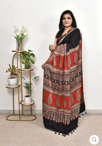 Luxury Black & Rust Ajrakh Printed Saree with Traditional Heritage Motifs & Designer Tassel Pallu